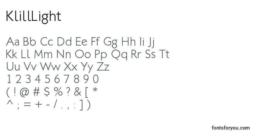 Czcionka KlillLight – alfabet, cyfry, specjalne znaki