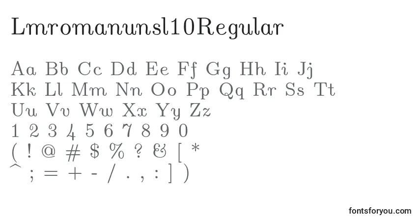 A fonte Lmromanunsl10Regular – alfabeto, números, caracteres especiais