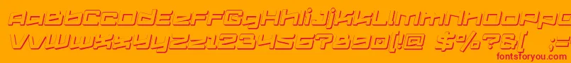 Logofontik4fExtrudedItalic-Schriftart – Rote Schriften auf orangefarbenem Hintergrund