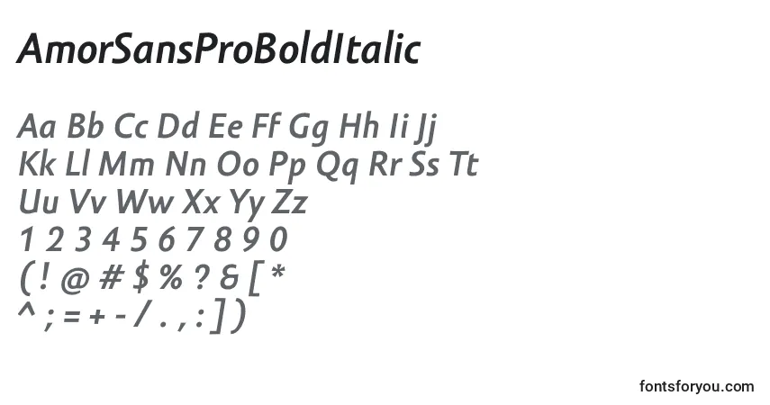 Schriftart AmorSansProBoldItalic – Alphabet, Zahlen, spezielle Symbole