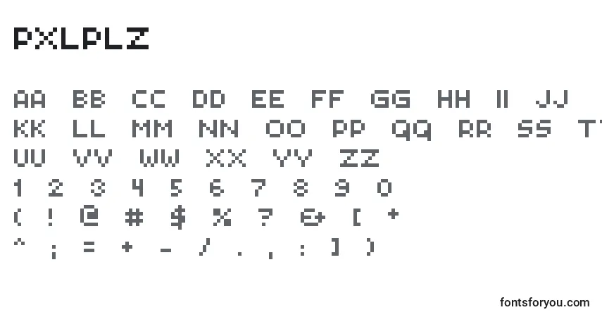 A fonte Pxlplz – alfabeto, números, caracteres especiais