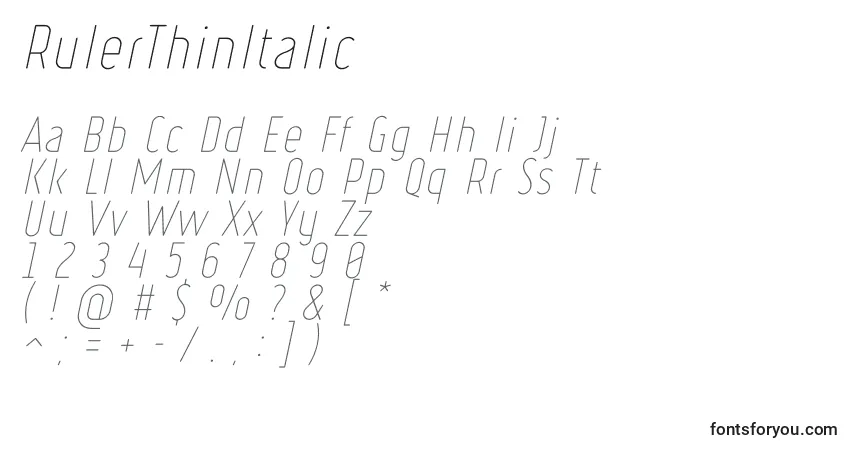 Schriftart RulerThinItalic – Alphabet, Zahlen, spezielle Symbole