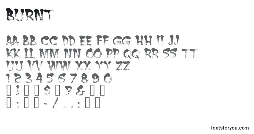 Fuente Burnt - alfabeto, números, caracteres especiales