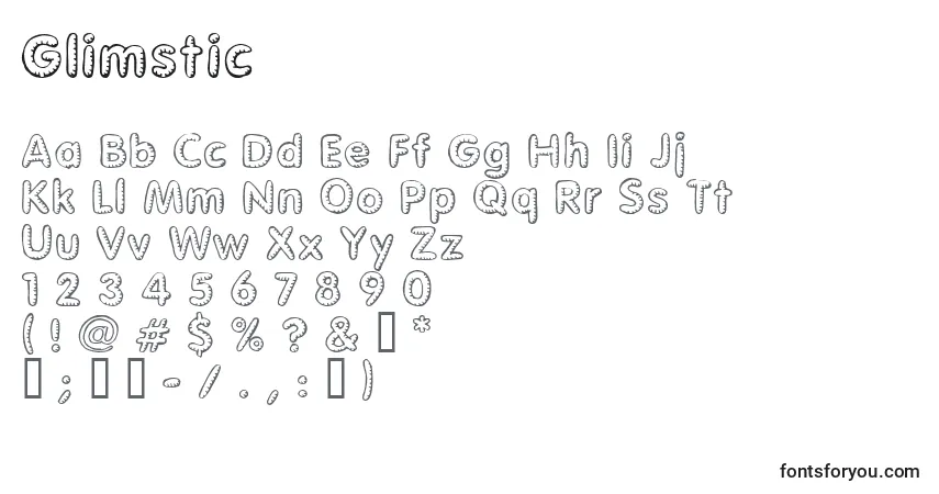 A fonte Glimstic – alfabeto, números, caracteres especiais