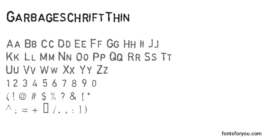 A fonte GarbageschriftThin – alfabeto, números, caracteres especiais