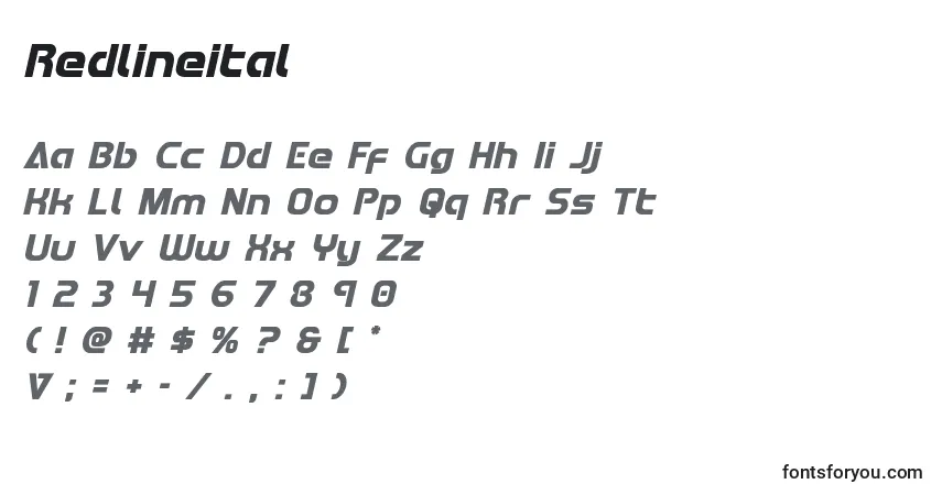 A fonte Redlineital – alfabeto, números, caracteres especiais