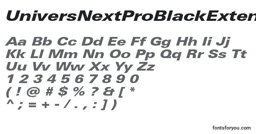 UniversNextProBlackExtendedItalic-fontti – aakkoset, numerot, erikoismerkit