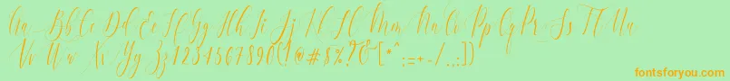 フォントCharlotteCalligraphyR1 – オレンジの文字が緑の背景にあります。