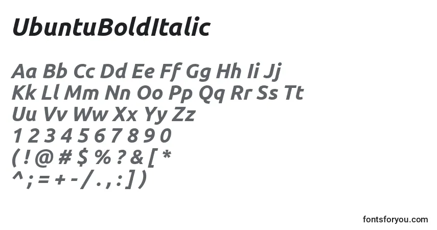 Czcionka UbuntuBoldItalic – alfabet, cyfry, specjalne znaki
