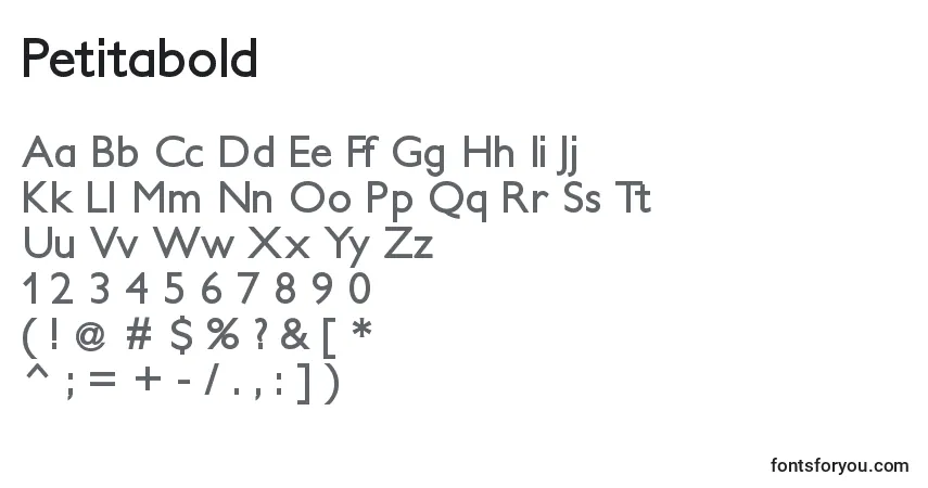 Czcionka Petitabold – alfabet, cyfry, specjalne znaki
