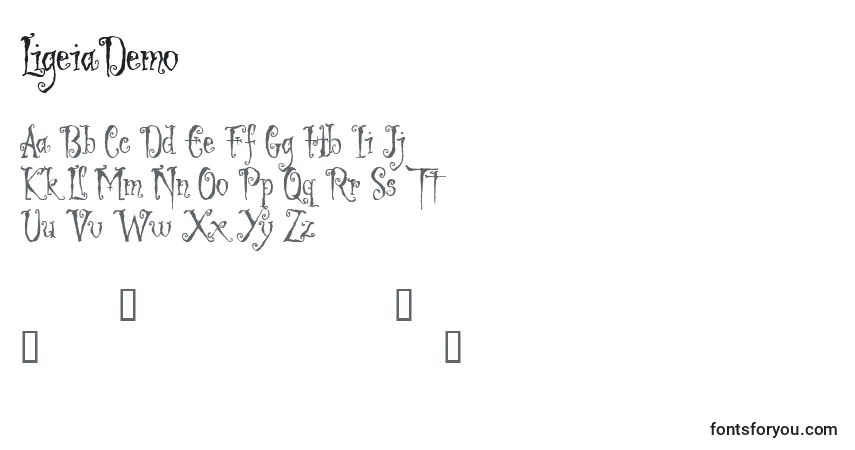 Czcionka LigeiaDemo – alfabet, cyfry, specjalne znaki