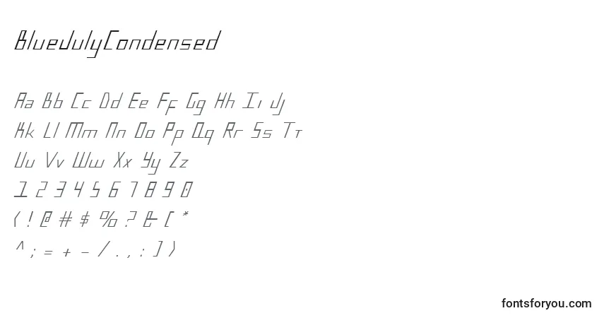 A fonte BlueJulyCondensed – alfabeto, números, caracteres especiais