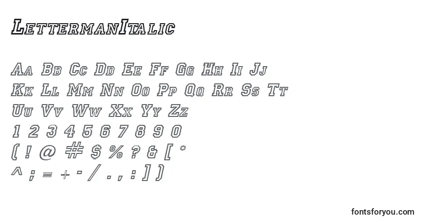 Czcionka LettermanItalic – alfabet, cyfry, specjalne znaki