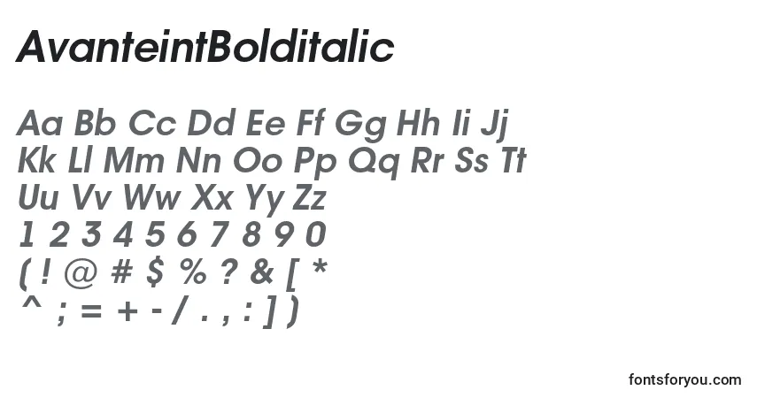 Czcionka AvanteintBolditalic – alfabet, cyfry, specjalne znaki