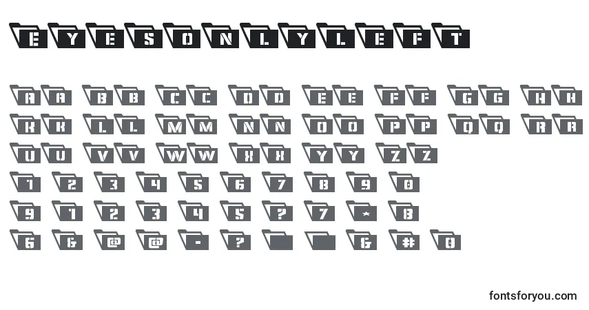 Czcionka Eyesonlyleft – alfabet, cyfry, specjalne znaki
