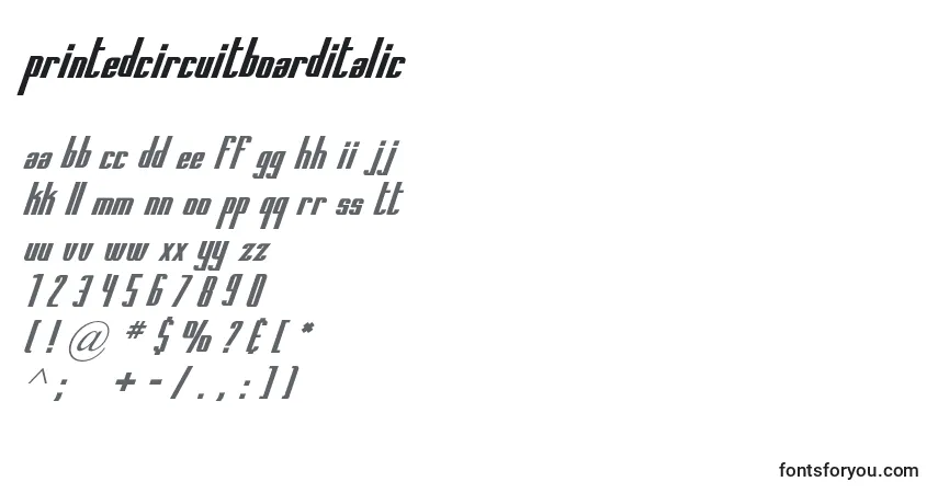 Czcionka Printedcircuitboarditalic – alfabet, cyfry, specjalne znaki