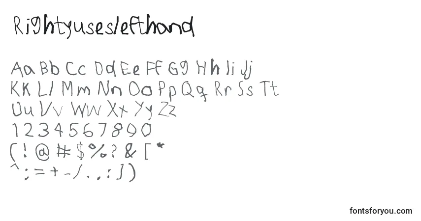 Czcionka Rightyuseslefthand – alfabet, cyfry, specjalne znaki