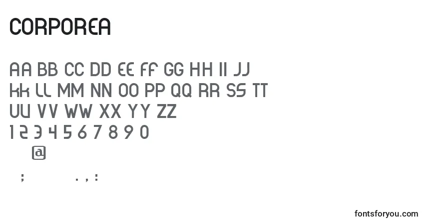 Czcionka Corporea – alfabet, cyfry, specjalne znaki