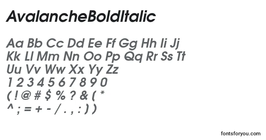 A fonte AvalancheBoldItalic – alfabeto, números, caracteres especiais