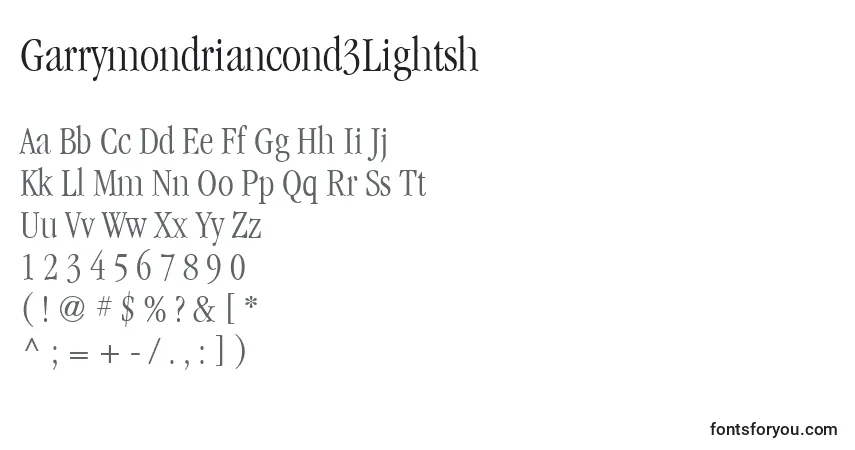 Czcionka Garrymondriancond3Lightsh – alfabet, cyfry, specjalne znaki