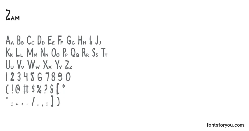 Schriftart Zam – Alphabet, Zahlen, spezielle Symbole
