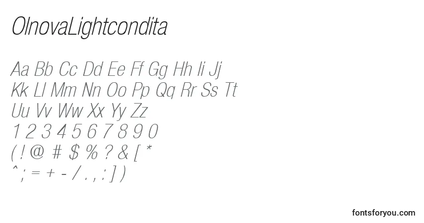 Шрифт OlnovaLightcondita – алфавит, цифры, специальные символы
