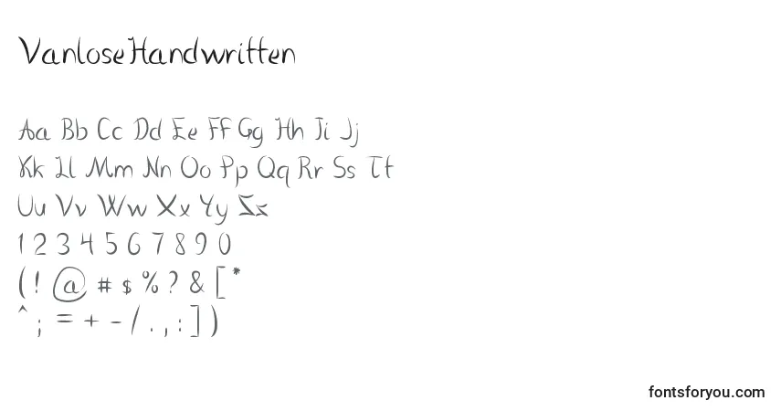 Czcionka VanloseHandwritten – alfabet, cyfry, specjalne znaki