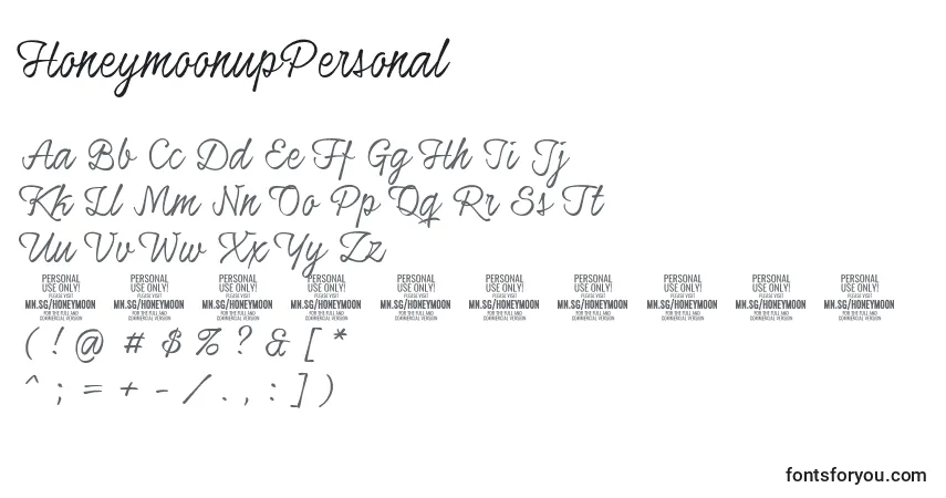 Schriftart HoneymoonupPersonal – Alphabet, Zahlen, spezielle Symbole
