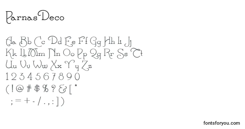 Schriftart ParnasDeco – Alphabet, Zahlen, spezielle Symbole