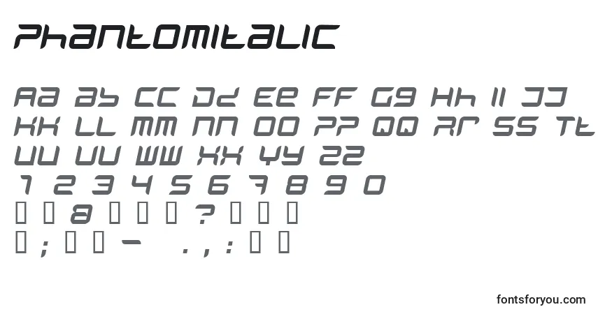 Шрифт PhantomItalic – алфавит, цифры, специальные символы
