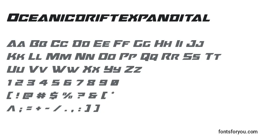 A fonte Oceanicdriftexpandital – alfabeto, números, caracteres especiais