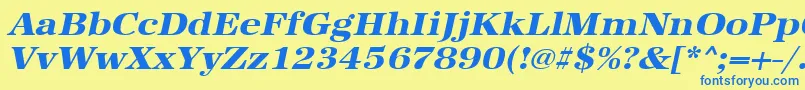 フォントUrwantiquatextbolextwidOblique – 青い文字が黄色の背景にあります。