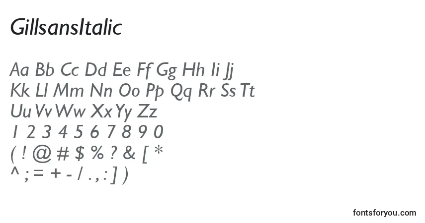 GillsansItalic-fontti – aakkoset, numerot, erikoismerkit