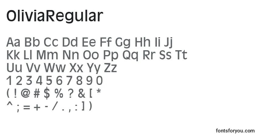 A fonte OliviaRegular – alfabeto, números, caracteres especiais