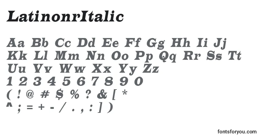 Czcionka LatinonrItalic – alfabet, cyfry, specjalne znaki