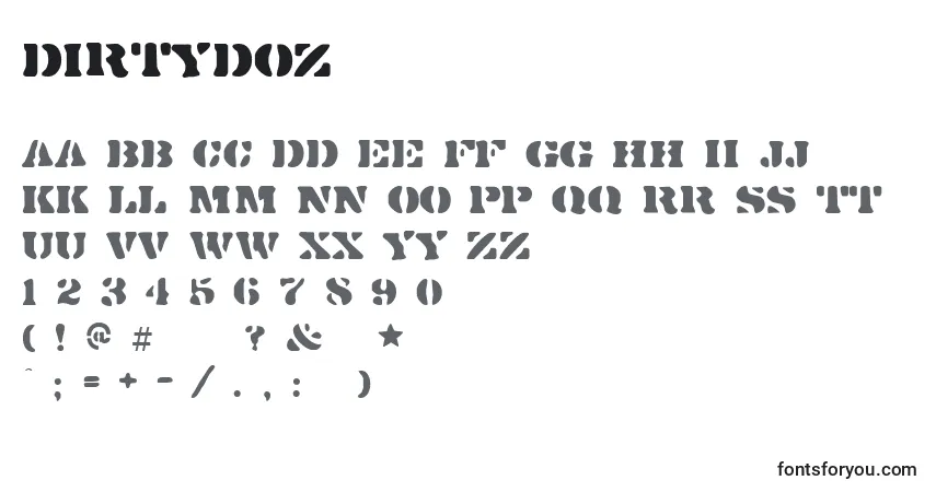 Czcionka Dirtydoz – alfabet, cyfry, specjalne znaki