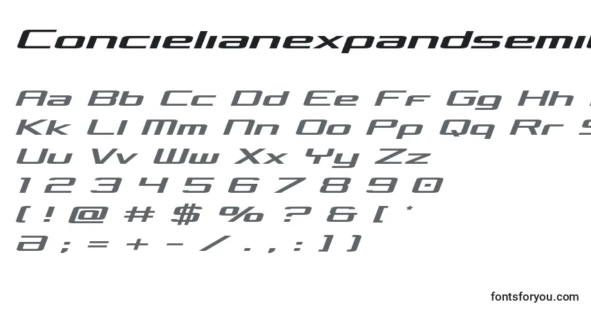 Czcionka Concielianexpandsemital – alfabet, cyfry, specjalne znaki