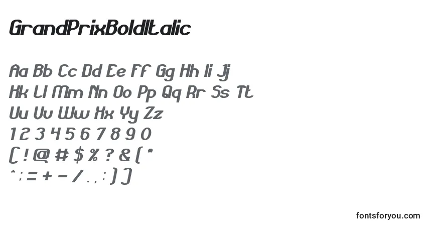 Schriftart GrandPrixBoldItalic – Alphabet, Zahlen, spezielle Symbole