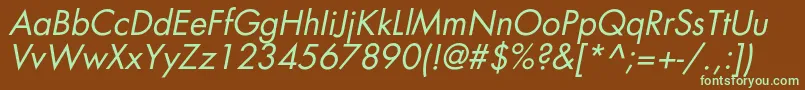 フォントAgfatumcItalic – 緑色の文字が茶色の背景にあります。