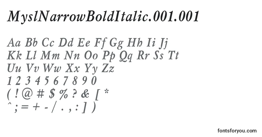 Czcionka MyslNarrowBoldItalic.001.001 – alfabet, cyfry, specjalne znaki