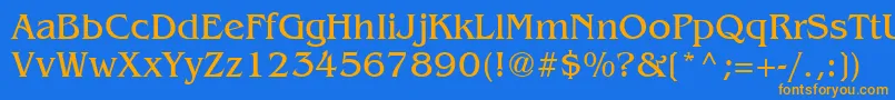 フォントBangkokCyr – オレンジ色の文字が青い背景にあります。