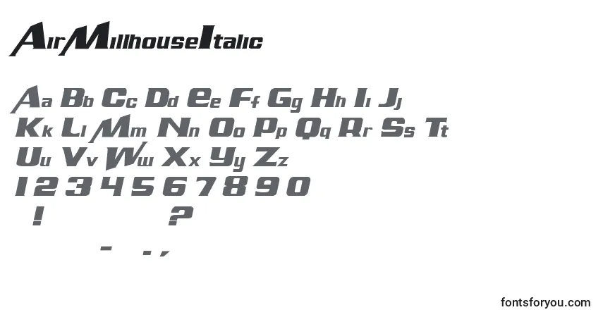 A fonte AirMillhouseItalic – alfabeto, números, caracteres especiais