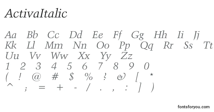 A fonte ActivaItalic – alfabeto, números, caracteres especiais