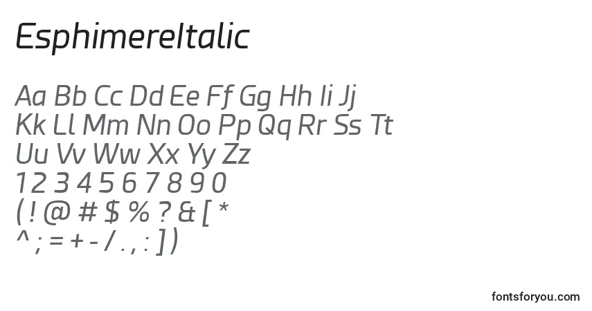 A fonte EsphimereItalic – alfabeto, números, caracteres especiais