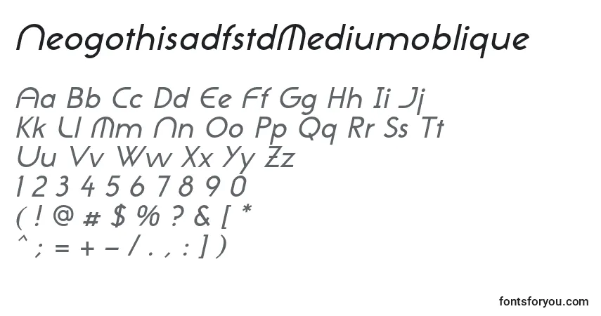 A fonte NeogothisadfstdMediumoblique – alfabeto, números, caracteres especiais