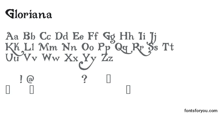 A fonte Gloriana – alfabeto, números, caracteres especiais