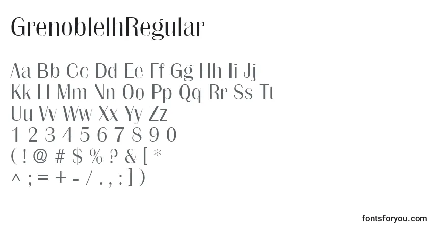 Czcionka GrenoblelhRegular – alfabet, cyfry, specjalne znaki