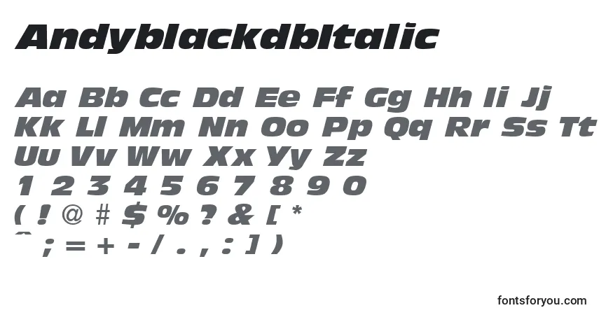Schriftart AndyblackdbItalic – Alphabet, Zahlen, spezielle Symbole