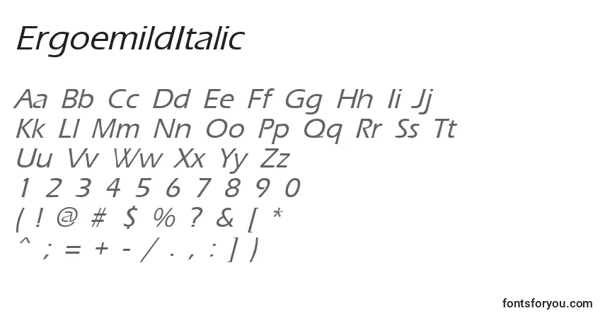Czcionka ErgoemildItalic – alfabet, cyfry, specjalne znaki