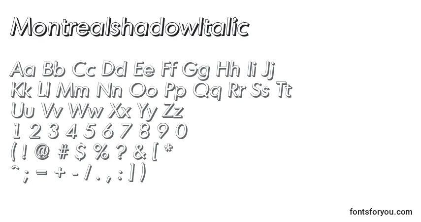 Czcionka MontrealshadowItalic – alfabet, cyfry, specjalne znaki